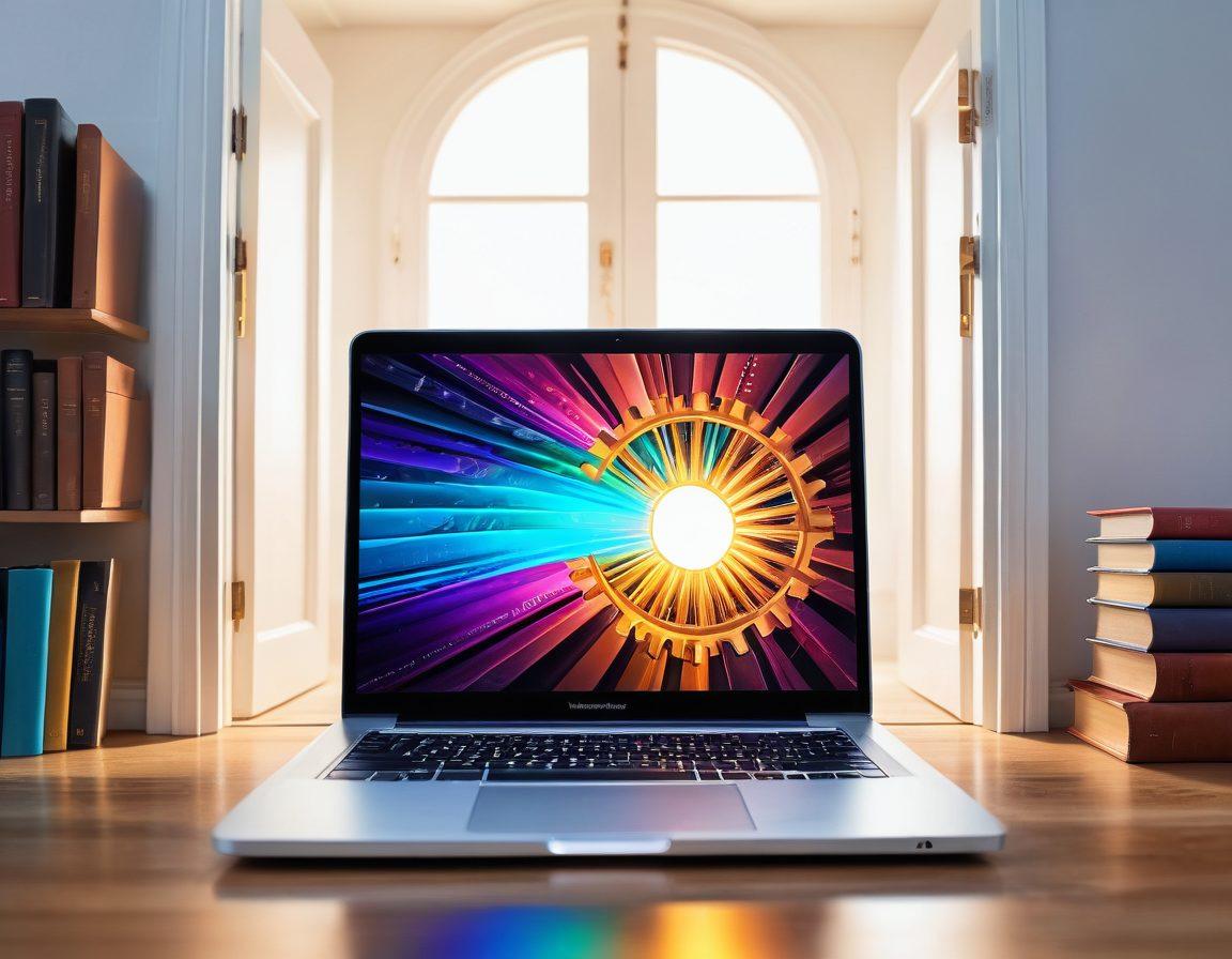 A radiant light illuminating an open door symbolizing new opportunities, with visual elements representing online learning like a laptop, books, and gears interlinked for growth, surrounded by vibrant colors. The background depicts a serene landscape that inspires confidence and exploration. super-realistic. vibrant colors. white background.