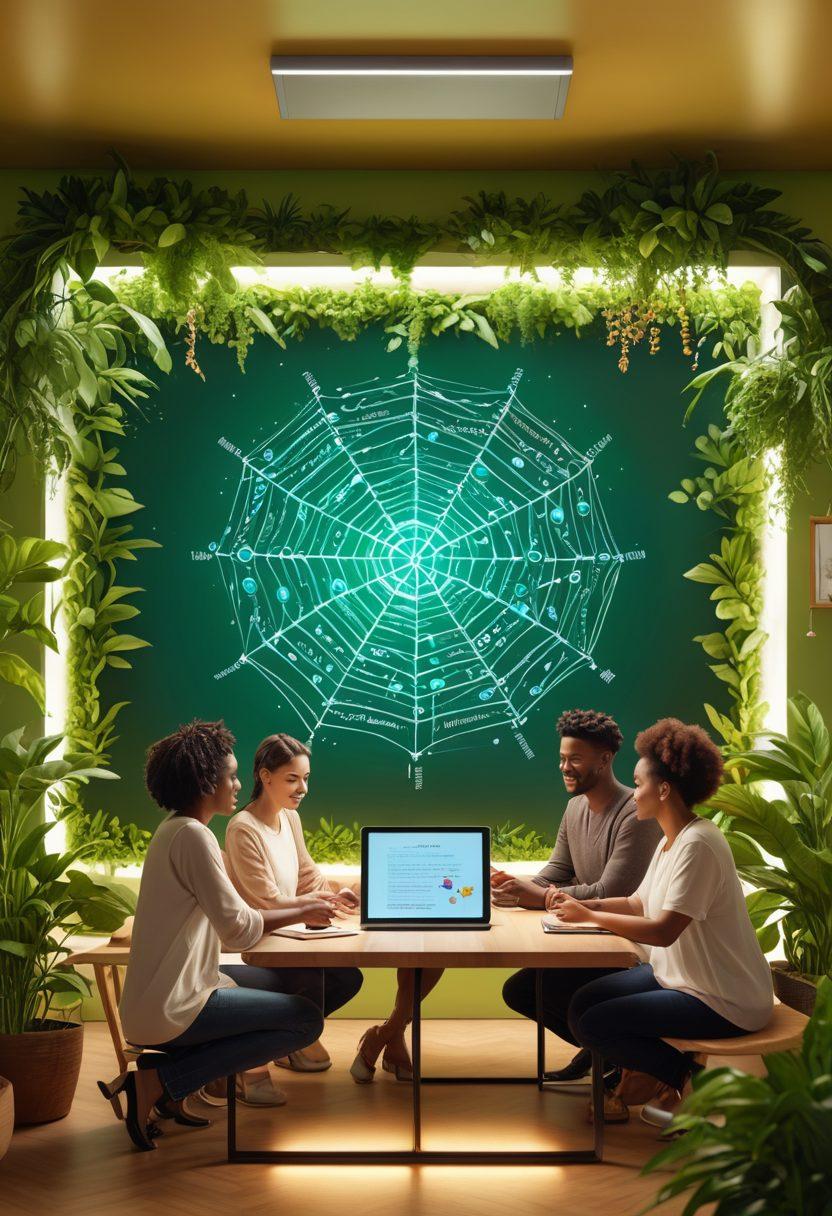A diverse group of people collaborating around a large digital tablet displaying interconnected knowledge nodes. Illustrate books and resources floating around, signifying support and guidance. The background should feature a bright, inviting workspace with plants and motivational quotes on the walls. The scene should convey a sense of teamwork and success. vibrant colors. 3D.