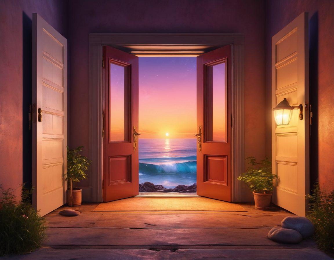 A bright, open door symbolizing opportunity, with a pathway leading to a digital world filled with tools like books, tablets, and a computer screen glowing with useful resources. Surrounding the door, figures of diverse individuals reaching out for guidance from glowing orbs representing expert advice. The scene is set in a hopeful twilight ambiance, suggesting the transition from uncertainty to fulfillment. vibrant colors. super-realistic.